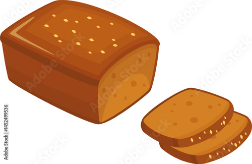 Whole loaf of bread topped with sesame seeds, accompanied by two freshly cut slices, creating an inviting and appetizing scene perfect for any food lover
