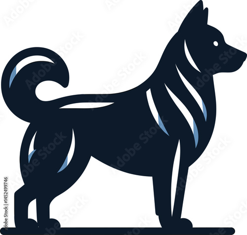 A black and white vector illustration shows a dog silhouette, isolated