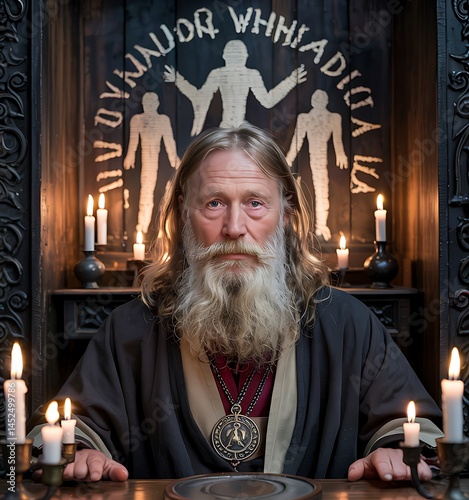 A cinematic portrait of a Bolivian healer with a long white beard wearing black cardigan condor pendant standing before ancient altar with candlelight incense smoke mythological carvings sacred ritual