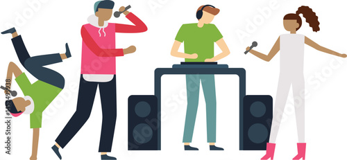 Musicians and dancers performing during a live concert, dj playing music, breakdancer showing his skills and two singers holding microphones