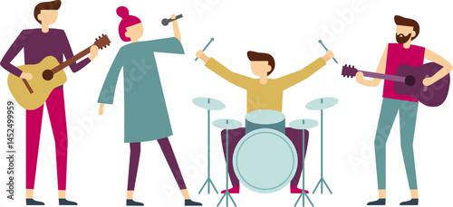 Four musicians playing together in a band, featuring two guitarists strumming their instruments, a drummer keeping the beat, and a singer delivering captivating vocals on stage
