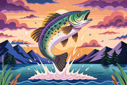 Vector illustration of large freshwater perch jumping out of water, captured mid air as a fishing trophy. Dynamic sports and nature concept ideal for outdoor recreation, adventure, and wildlife themed