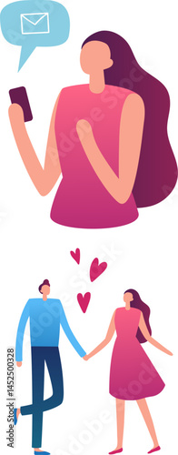 Young woman receiving a heartfelt message, envisioning moments of joy while holding hands with her boyfriend, radiating love and happiness in their romantic connection