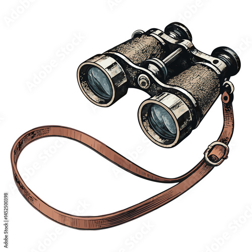 Create a vector illustration of vintage binoculars with a bold, black stroke.  Emphasize retro detail and clean lines.