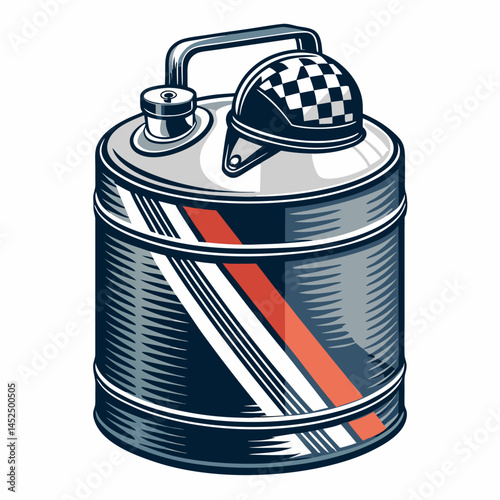 Create a bold, vector illustration of a vintage fuel can with a thick stroke, emphasizing metallic texture and retro design.  Include details like a spout and handle.