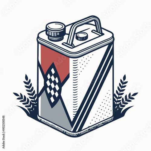 Create a bold, vector illustration of a vintage fuel can, emphasizing thick strokes and metallic texture.  Include details like a spout and handle.
