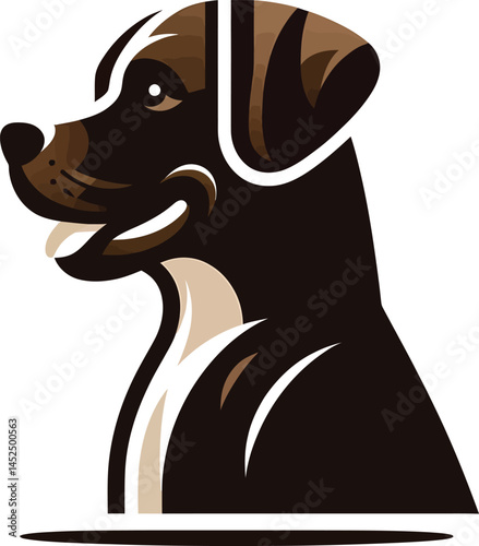 Cute brown cartoon puppy, a cheerful domestic animal, happily holds a bone in this fun vector illustration of a black canine pet