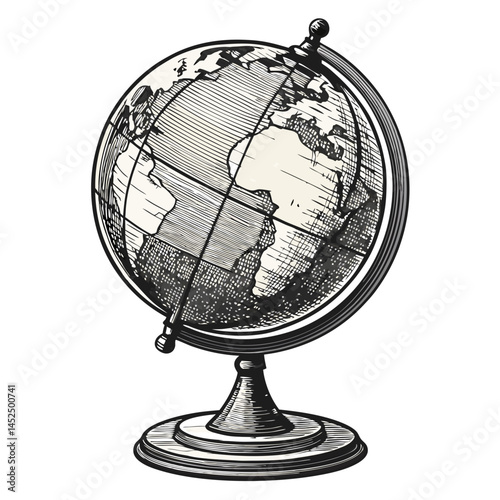 Create a bold, vector illustration of a vintage-style globe with thick strokes, emphasizing a strong, retro aesthetic.  Include detailed landmasses and oceans.