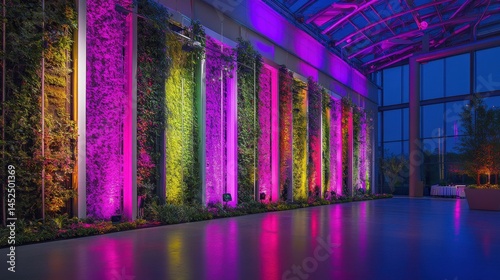 Vibrant indoor vertical garden illuminated with colorful lights in a modern venue at dusk