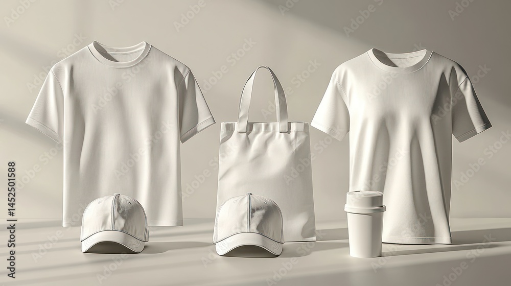 Blank white apparel and accessories. Stylish mockup of t-shirts, tote bag, cap, and coffee cup