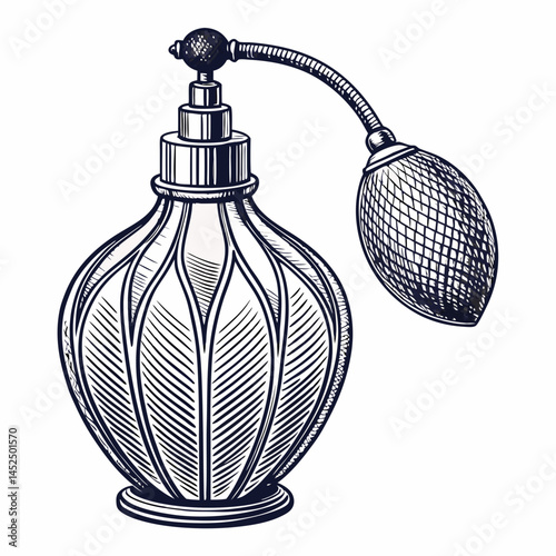 Create a bold, vector illustration of a vintage perfume bottle, emphasizing strong outlines and detailed design elements.  Include a strong, thick stroke.