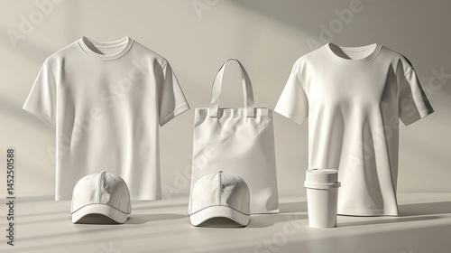 Obraz na płótnie Blank white apparel and accessories. Stylish mockup of t-shirts, tote bag, cap, and coffee cup w salonie