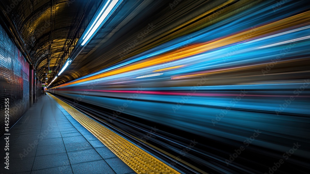 Obraz premium Subway Speed: A blur of light and motion in the underground. Capturing the essence of urban transit with a vibrant long exposure shot.