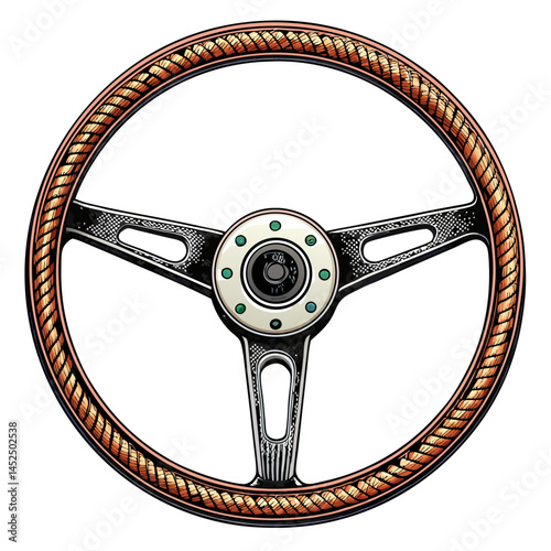 Create a vector graphic of a vintage steering wheel with a bold, black stroke.  Ensure high detail and sharp lines for print and digital use.