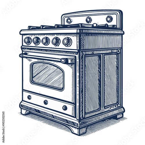 Create a vector illustration of a vintage stove oven with bold, black strokes.  Include detailed elements like knobs and burners.