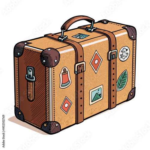 Create a bold vector illustration of a vintage suitcase with thick, noticeable strokes.  Include details like rivets and a worn leather texture.