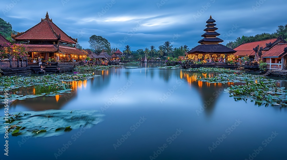 Naklejka premium Asian waterfront structures at dusk