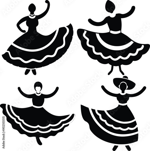 Set of black silhouette dancers wearing traditional dresses vector illustration featuring women performing folkloric dances with flowing skirts and elegant poses for cultural celebrations