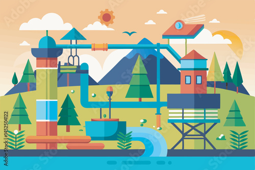 A detailed vector art illustration showcasing a modern irrigation system with pipes, sprinklers, and lush farmland, ideal for agricultural designs