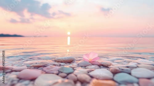 Pink Flower on Pebbles at Peaceful Sunset Beach
