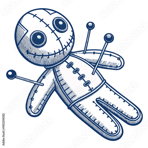 Create a bold vector illustration of a voodoo doll with a prominent Pi (π) symbol incorporated into its design.  The style should be graphic and impactful.