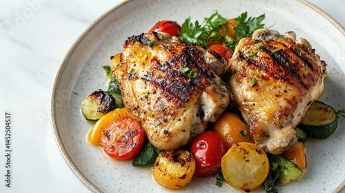 Grilled chicken thighs with roasted vegetables on a plate