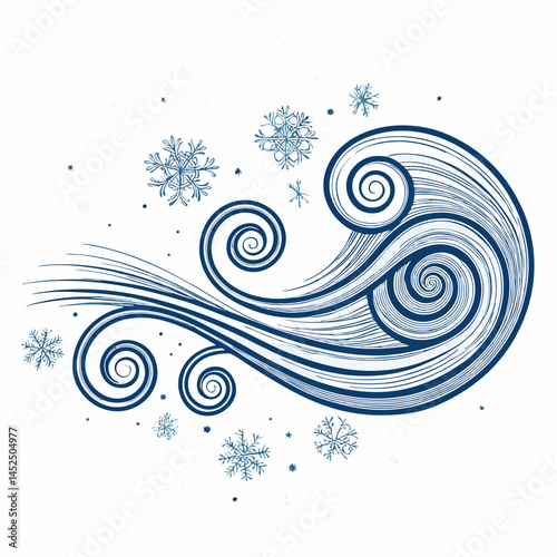 Create a bold vector illustration of a strong wind blowing snow, emphasizing dynamic movement and impactful snowdrifts.