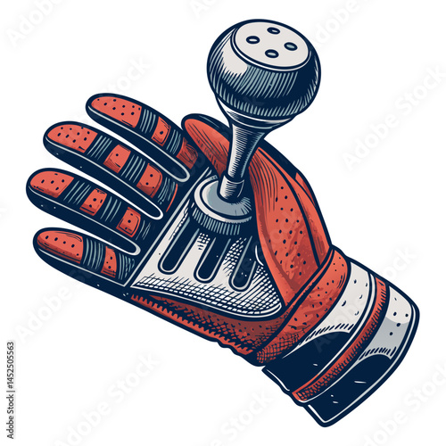 Create a vector illustration of a worn racing glove, featuring a bold, black stroke.  Emphasize texture and wear for a gritty feel.
