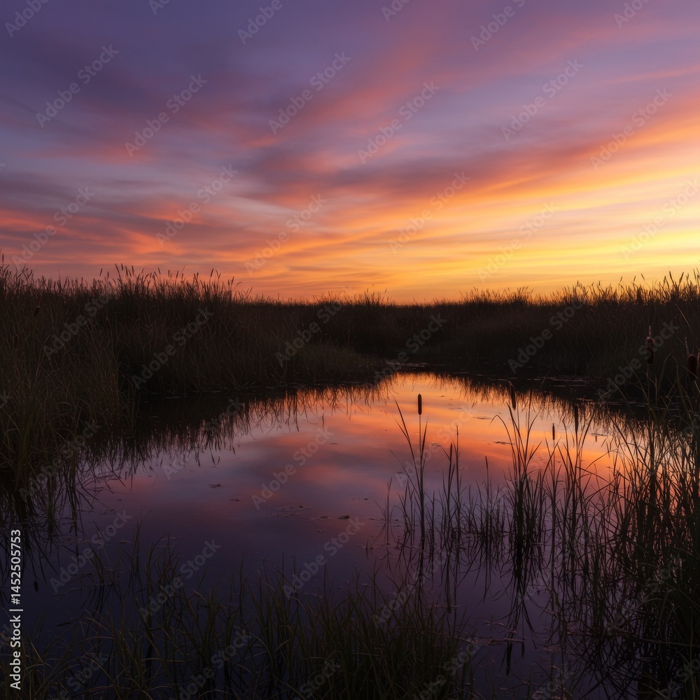 Obraz premium Vibrant Sunset over Calm Marsh Water Reflection