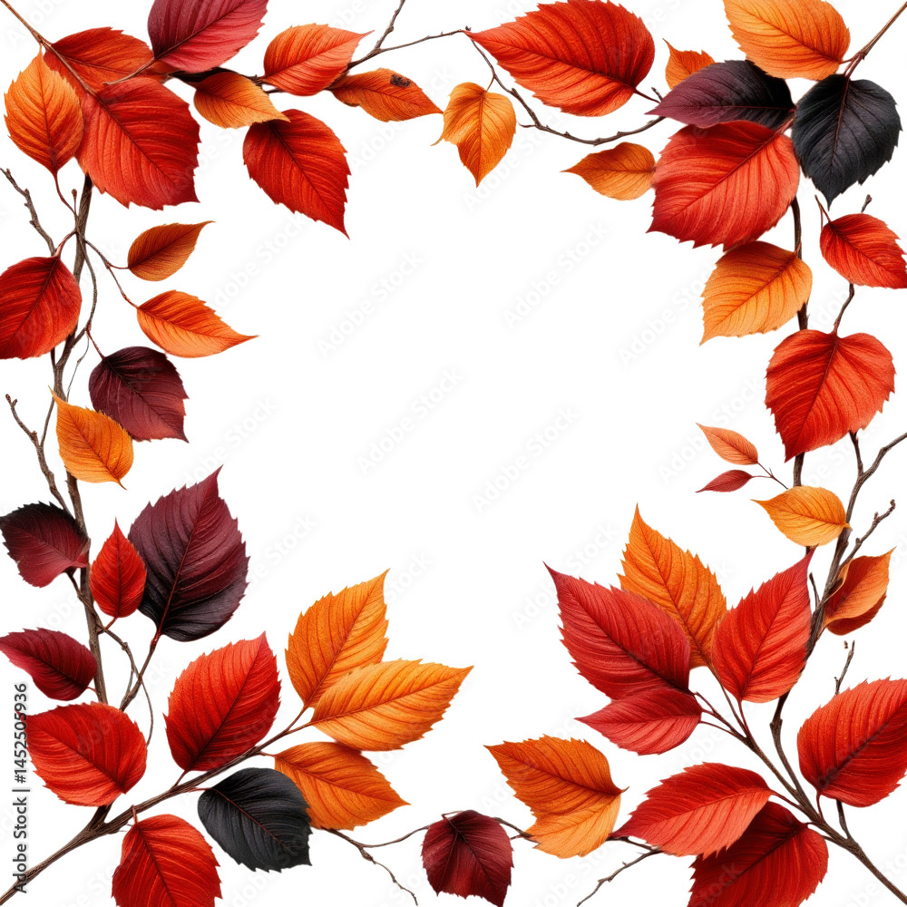 Fototapeta premium Vibrant autumn leaf frame with rich red, orange, and yellow hues, perfect for seasonal designs