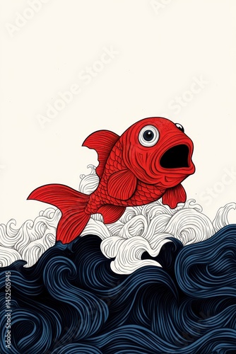 Artistic line drawing of a startled red fish leaping through dynamic waves. International Day for the Fight against Illegal Unreported and Unregulated Fishing