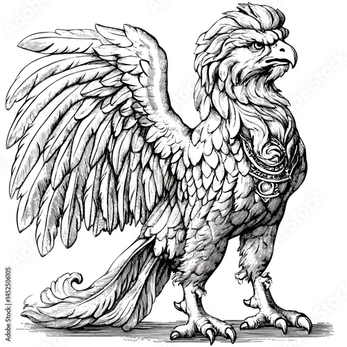 Vintage griffin sketch, woodcut engraving, mythic beast art, antique fantasy creature, black line drawing, heraldic emblem, retro mythical animal, old style vector, gothic tattoo design