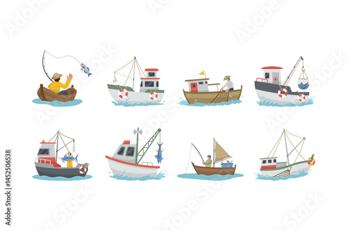 Set of Flat Fisherman Illustration
