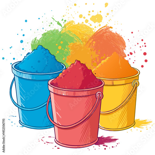 Create a vector illustration of bold, thick-stroked buckets overflowing with vibrant color powder, emphasizing texture and dynamic splashes.