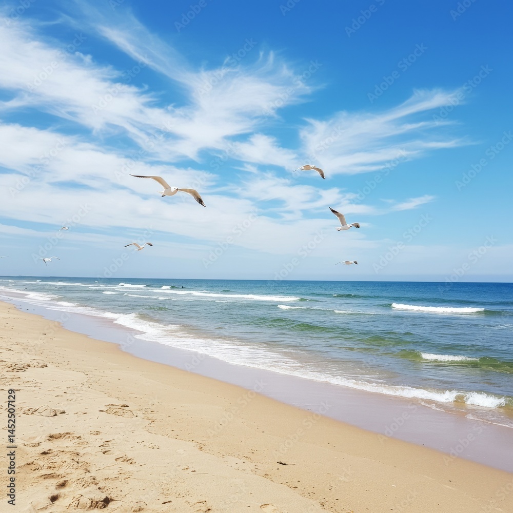 Seagulls Flying Over Sandy Beach Under Blue Sky Seagulls Flying Over Sandy Beach Under Blue Sky