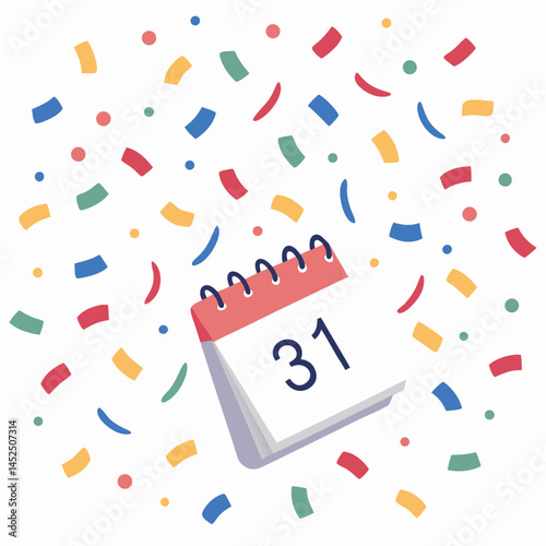 Design a bold vector illustration featuring celebratory confetti and the number 31 styled as a calendar date.  Emphasize thick outlines and vibrant colors.