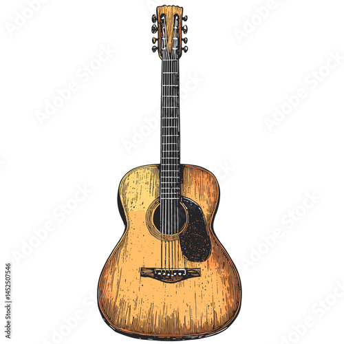 Vintage guitar, engraving style, old woodcut illustration, hand-drawn sketch, retro acoustic instrument, classic musical art, rustic guitar wall art, traditional music artwork,