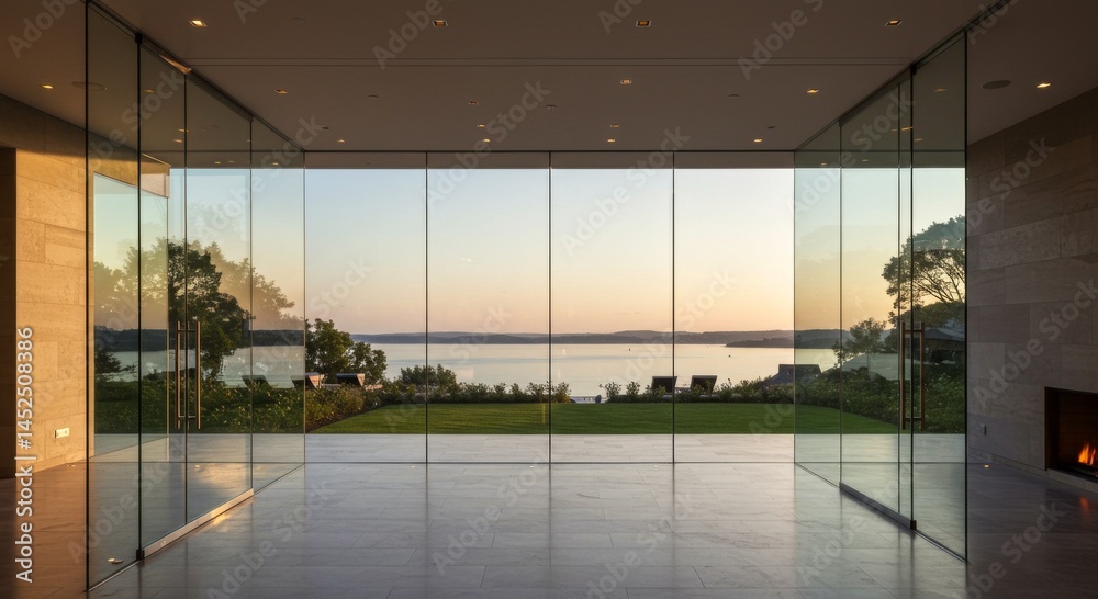 Fototapeta premium Modern House Interior with Glass Walls and Sunset View