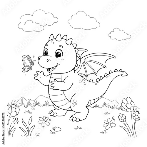 Happy dragon admiring a butterfly in a whimsical landscape  