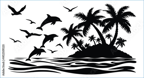 Tropical Island Silhouette With Dolphins Birds Palms And Waves Black And White Design