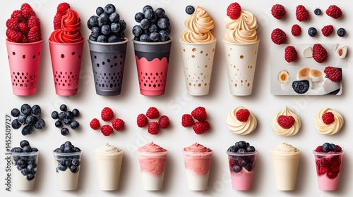 Colorful assortment of ice cream and berry desserts arranged on a light background