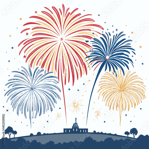 Design a bold, vector illustration of exploding fireworks, emphasizing thick strokes and vibrant colors.  Include detailed sparks and radiant light effects.