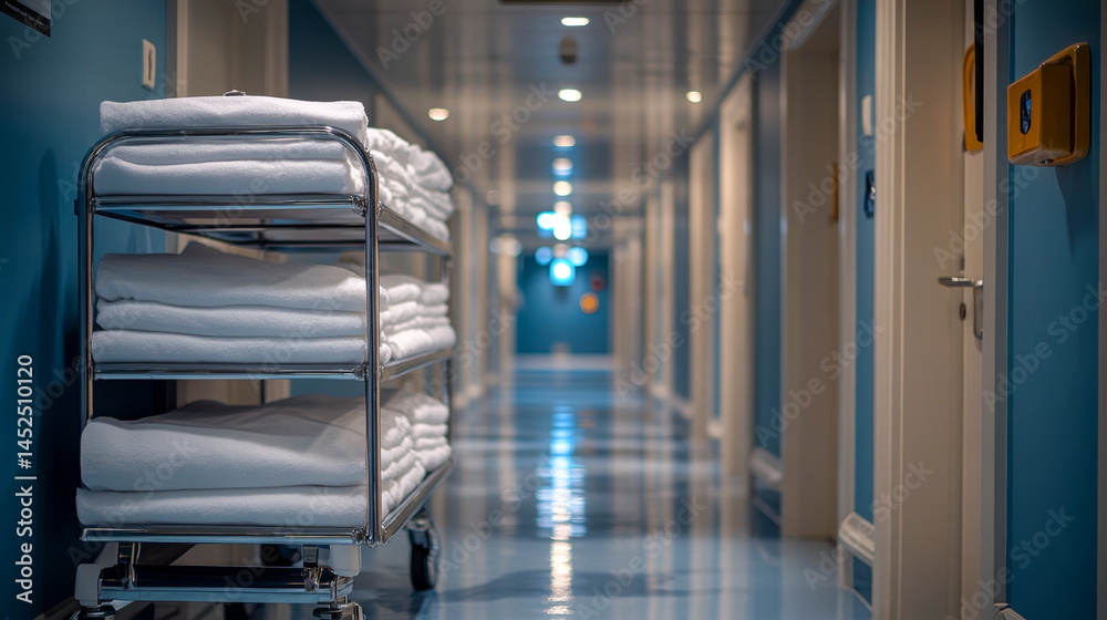 Obraz premium Hospital corridor with towel cart in a clean, blue environment 