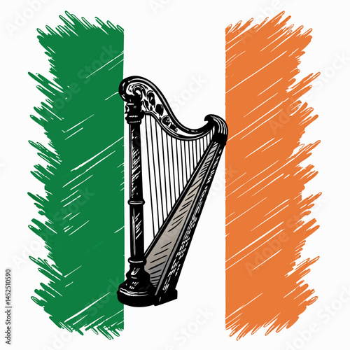 Create a bold vector illustration of the Irish flag and a Celtic harp, featuring thick, striking outlines.  The design should be suitable for print and digital use.