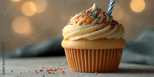 Vanilla cupcake with buttercream frosting and sprinkles, a single candle, bokeh background, showcasing festive dessert for birthday celebrations