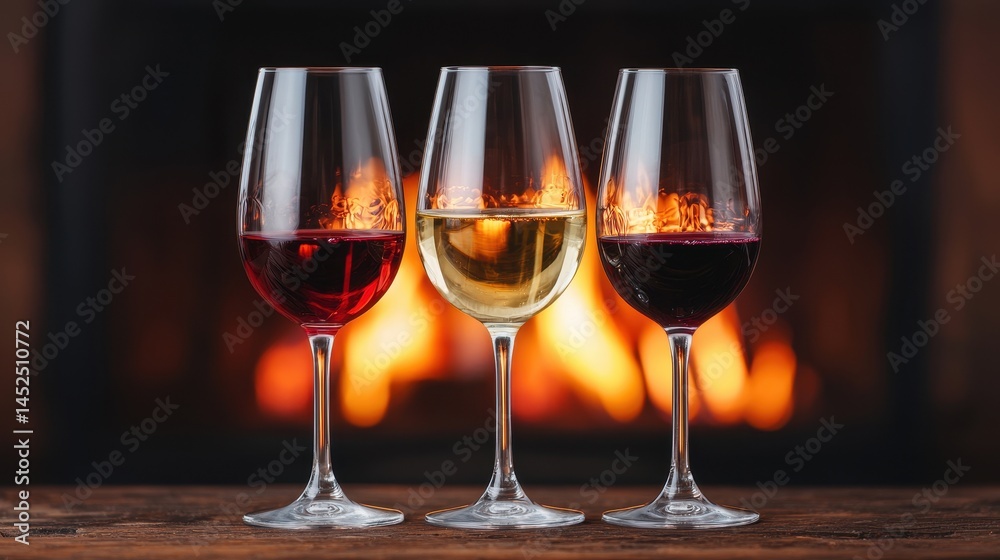 Three Elegant Wine Glasses with Different Varieties by Fireplace Three Elegant Wine Glasses with Different Varieties by Fireplace