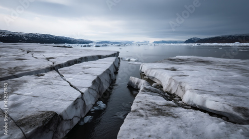Melting glacier with cracks and runoff under overcast sky, symbolizing climate change