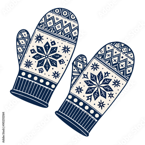 Create a bold vector illustration of a pair of winter mittens, featuring thick outlines and a playful, slightly cartoonish style.  Include intricate stitching details.