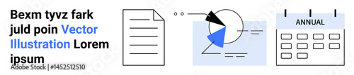 Document icon, pie chart with sections, annual calendar. Ideal for business report, strategy, analytics, time management, scheduling, project plans simple landing page