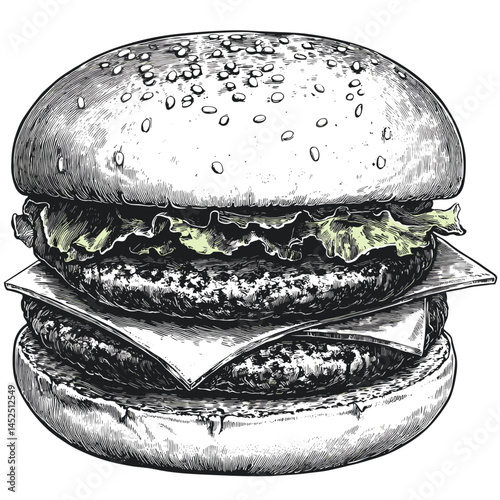 Old engraving style hamburger, vintage fast food vector, classic burger sketch, rustic snack illustration, black ink burger, traditional cheeseburger drawing, woodcut meal art,